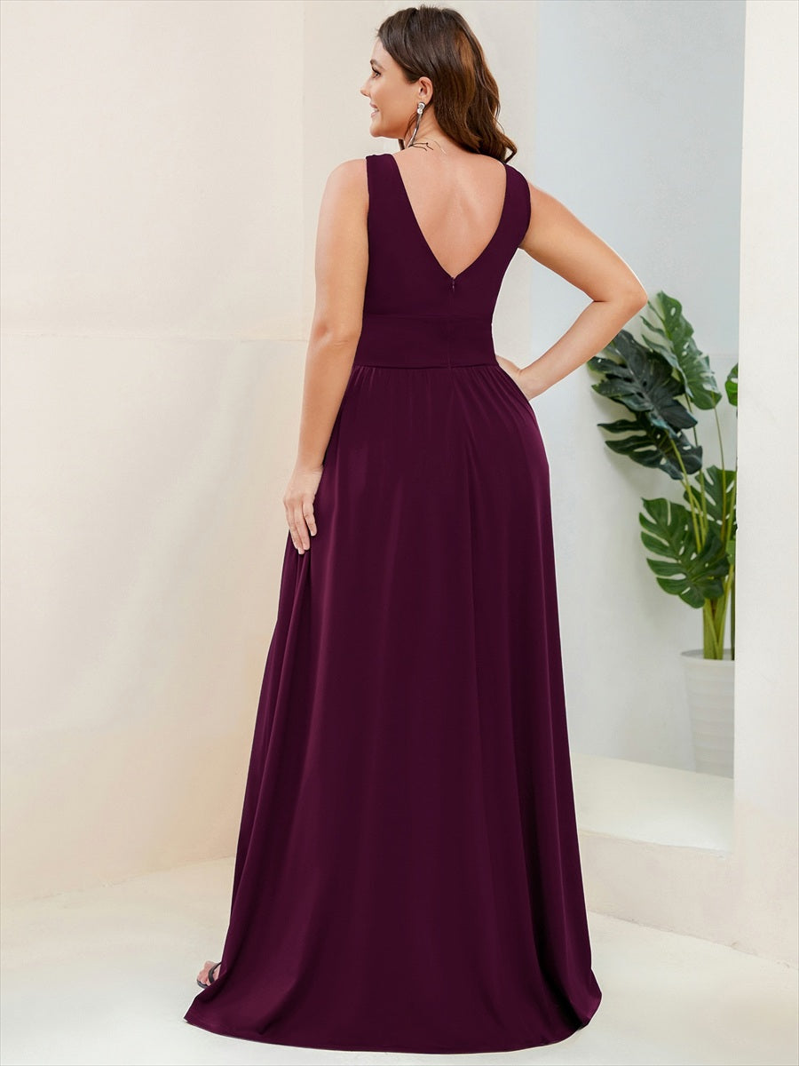 Robe de soir??e longue au sol ?? taille empire et ?? encolure en V #Couleur_Pourpre