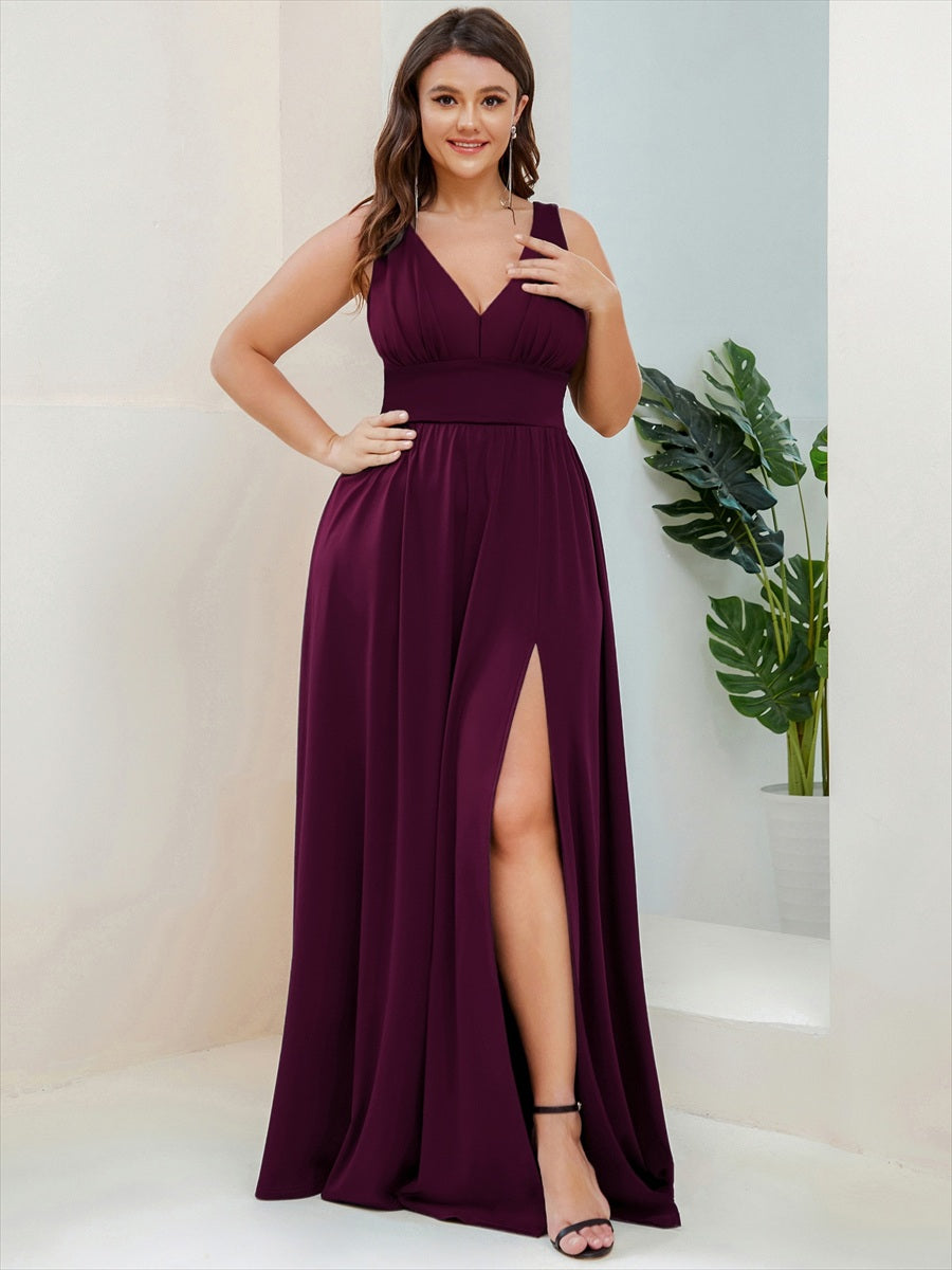 Robe de soir??e longue au sol ?? taille empire et ?? encolure en V #Couleur_Pourpre