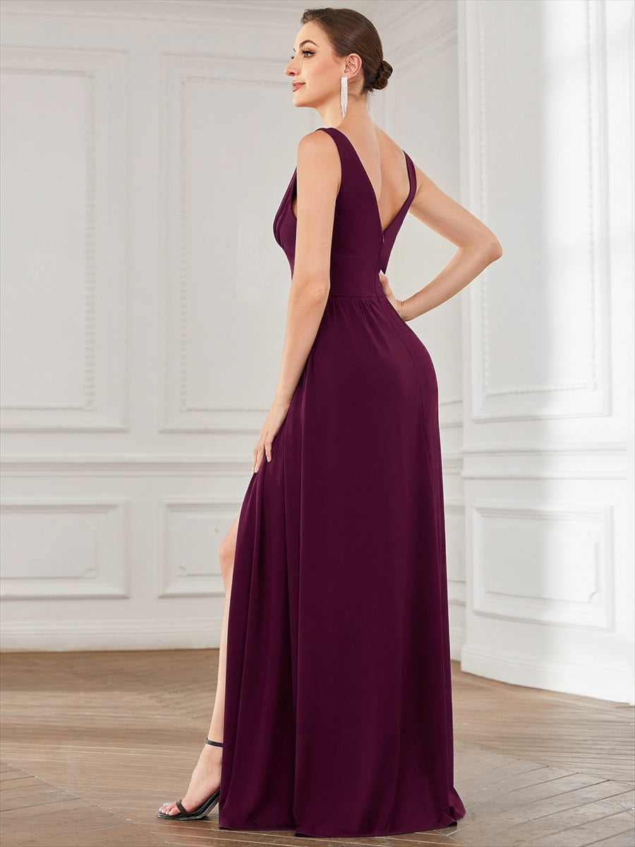 Robe de soir??e longue au sol ?? taille empire et ?? encolure en V #Couleur_Pourpre