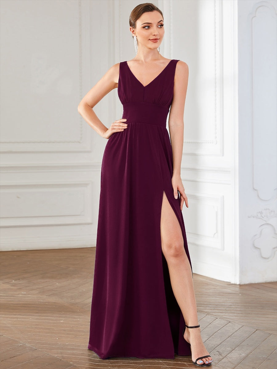 Robe de soir??e longue au sol ?? taille empire et ?? encolure en V #Couleur_Pourpre