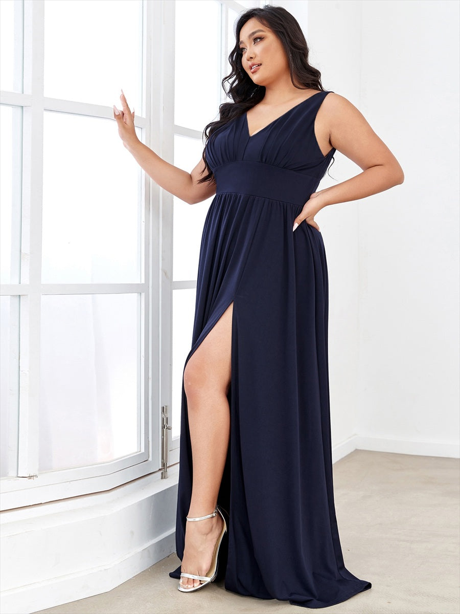 Robe de soir??e longue au sol ?? taille empire et ?? encolure en V #Couleur_Bleu Marine