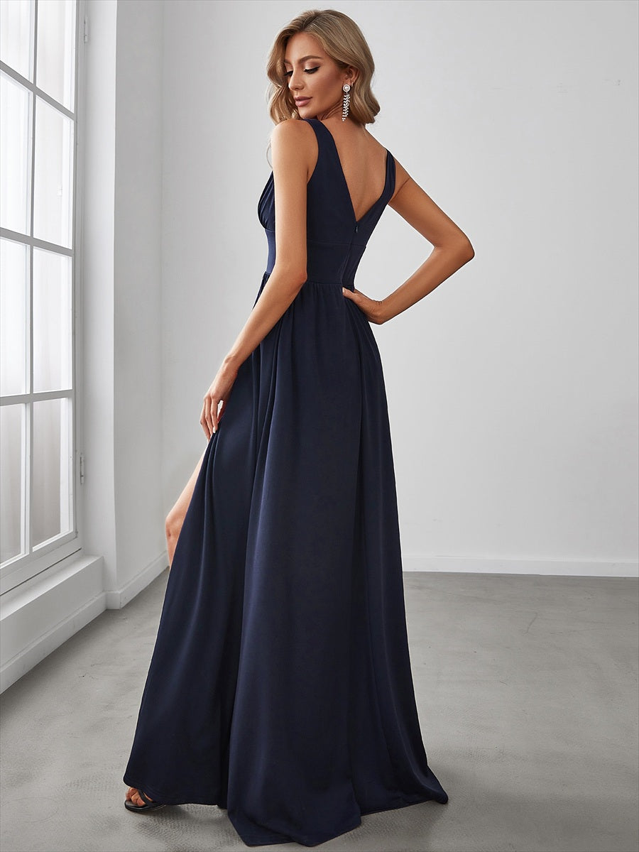 Robe de soir??e longue au sol ?? taille empire et ?? encolure en V #Couleur_Bleu Marine