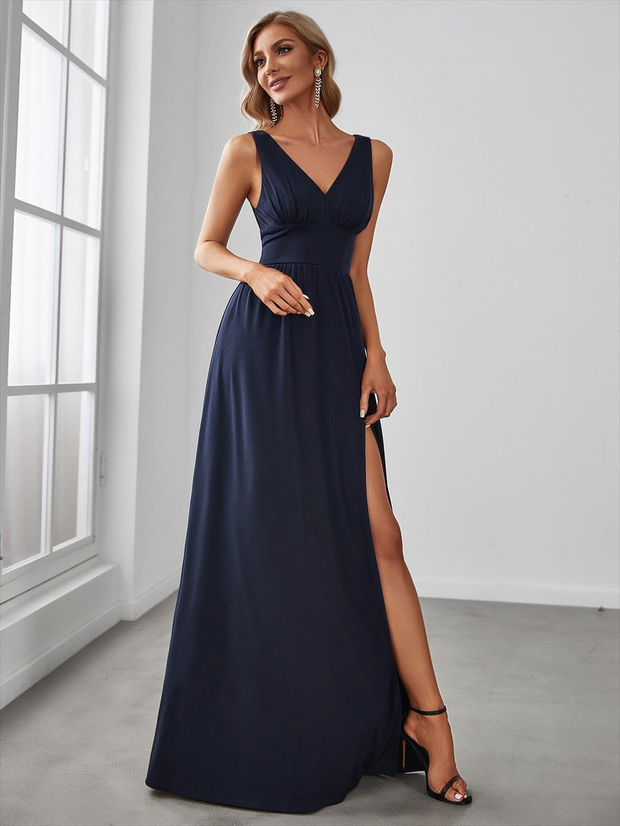 Robe de soir??e longue au sol ?? taille empire et ?? encolure en V #Couleur_Bleu Marine