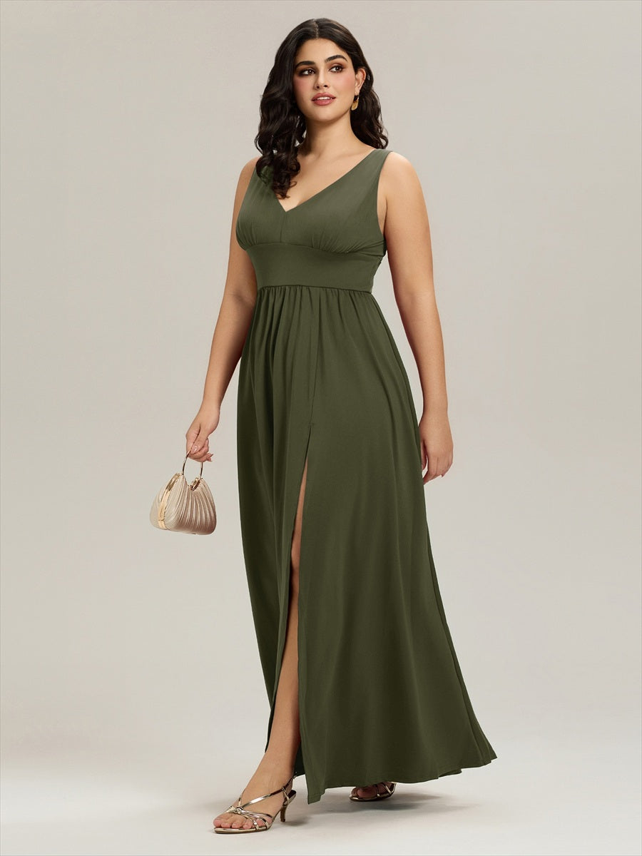 Robe de soir??e longue au sol ?? taille empire et ?? encolure en V #Couleur_Vert Olive