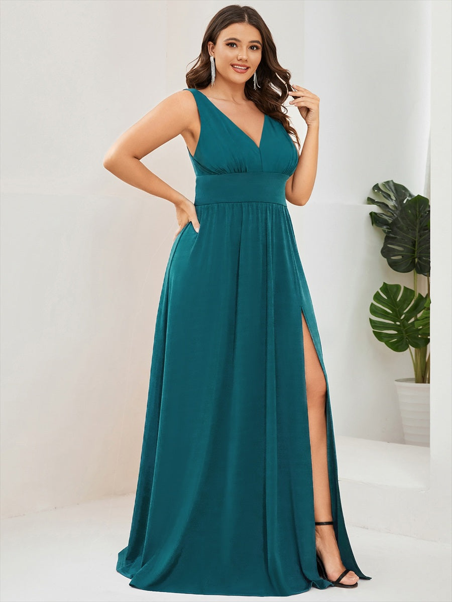 Robe de soir??e longue au sol ?? taille empire et ?? encolure en V #Couleur_Bleu Sarcelle