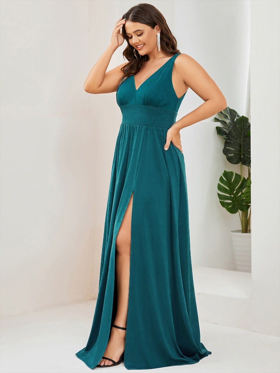 Robe de soir??e longue au sol ?? taille empire et ?? encolure en V #Couleur_Bleu Sarcelle