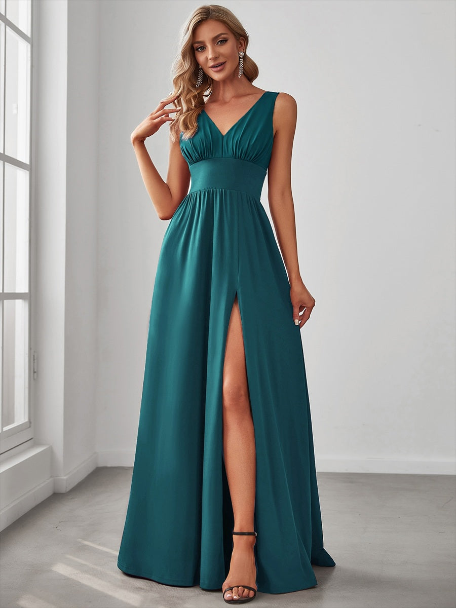 Robe de soir??e longue au sol ?? taille empire et ?? encolure en V #Couleur_Bleu Sarcelle