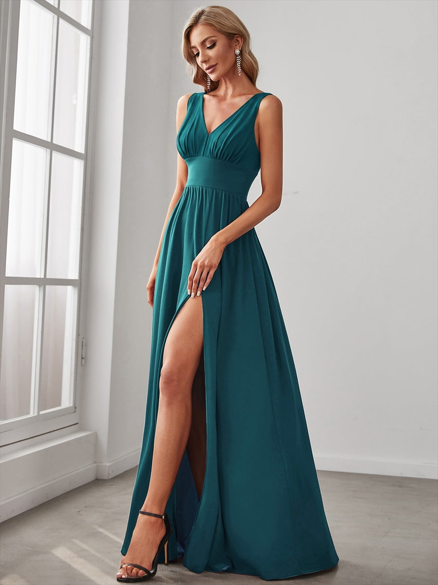 Robe de soir??e longue au sol ?? taille empire et ?? encolure en V #Couleur_Bleu Sarcelle