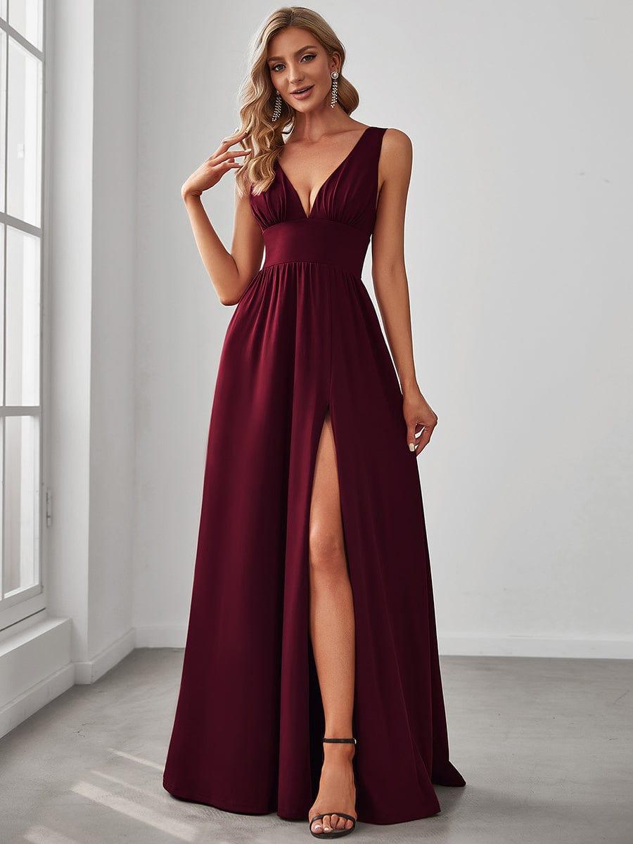 Robe de soirée longue au sol à taille empire et à encolure en V #Couleur_Bordeaux