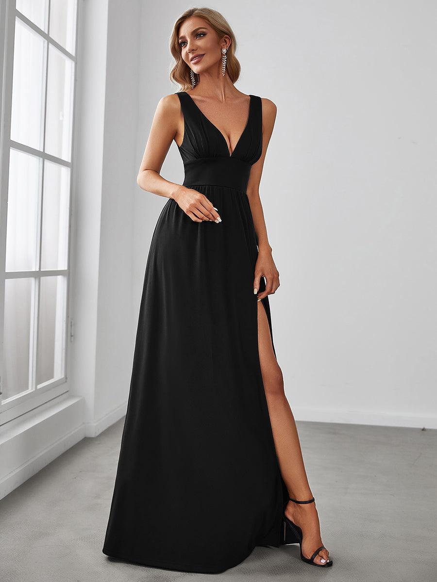 Robe de Bal Demoiselle d'Honneur longue au sol à taille empire et à encolure en V #Couleur_Noir