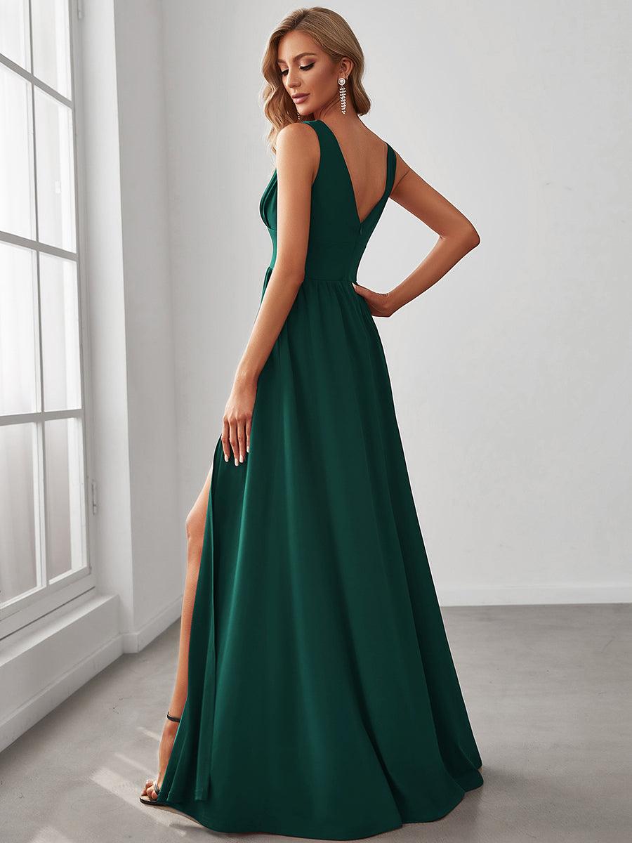 Robe de soirée longue au sol à taille empire et à encolure en V #Couleur_Vert Fonce