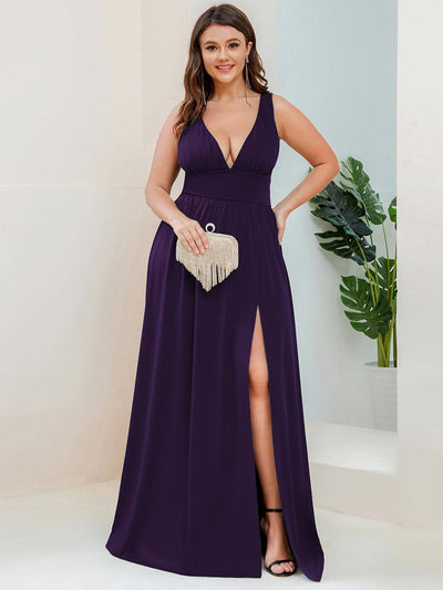 pretty SORAYA|Robe de soirée grande taille sans manches col en v empire fendue au sol