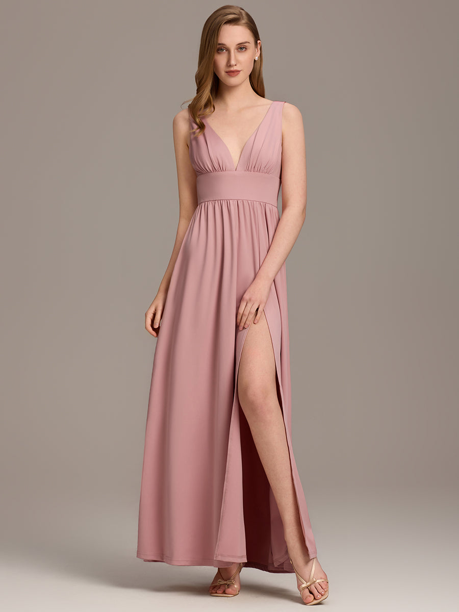 Robe de Bal Demoiselle d'Honneur longue au sol à taille empire et à encolure en V #Couleur_Rose fumee