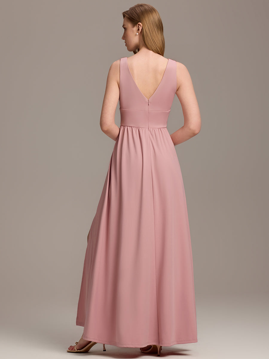 Robe de Bal Demoiselle d'Honneur longue au sol à taille empire et à encolure en V #Couleur_Rose fumee