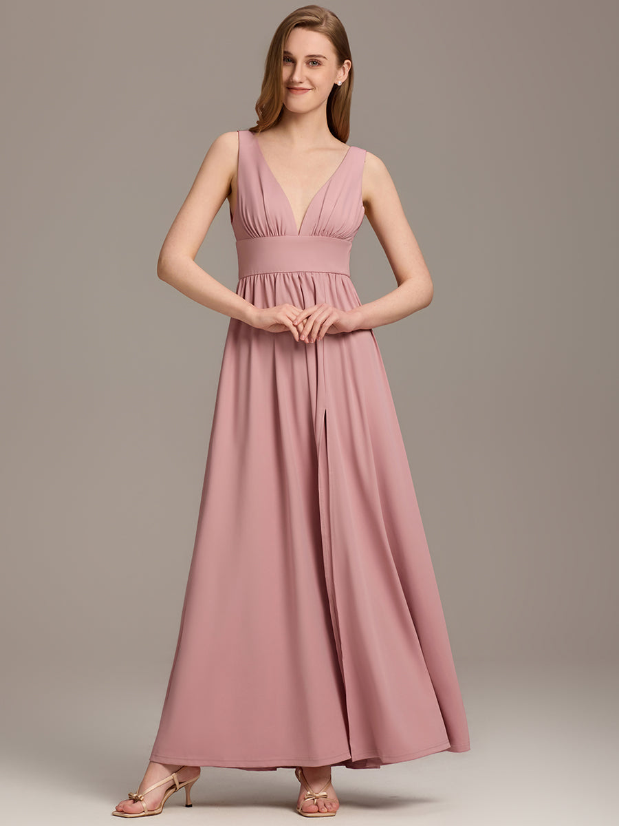 Robe de Bal Demoiselle d'Honneur longue au sol à taille empire et à encolure en V #Couleur_Rose fumee