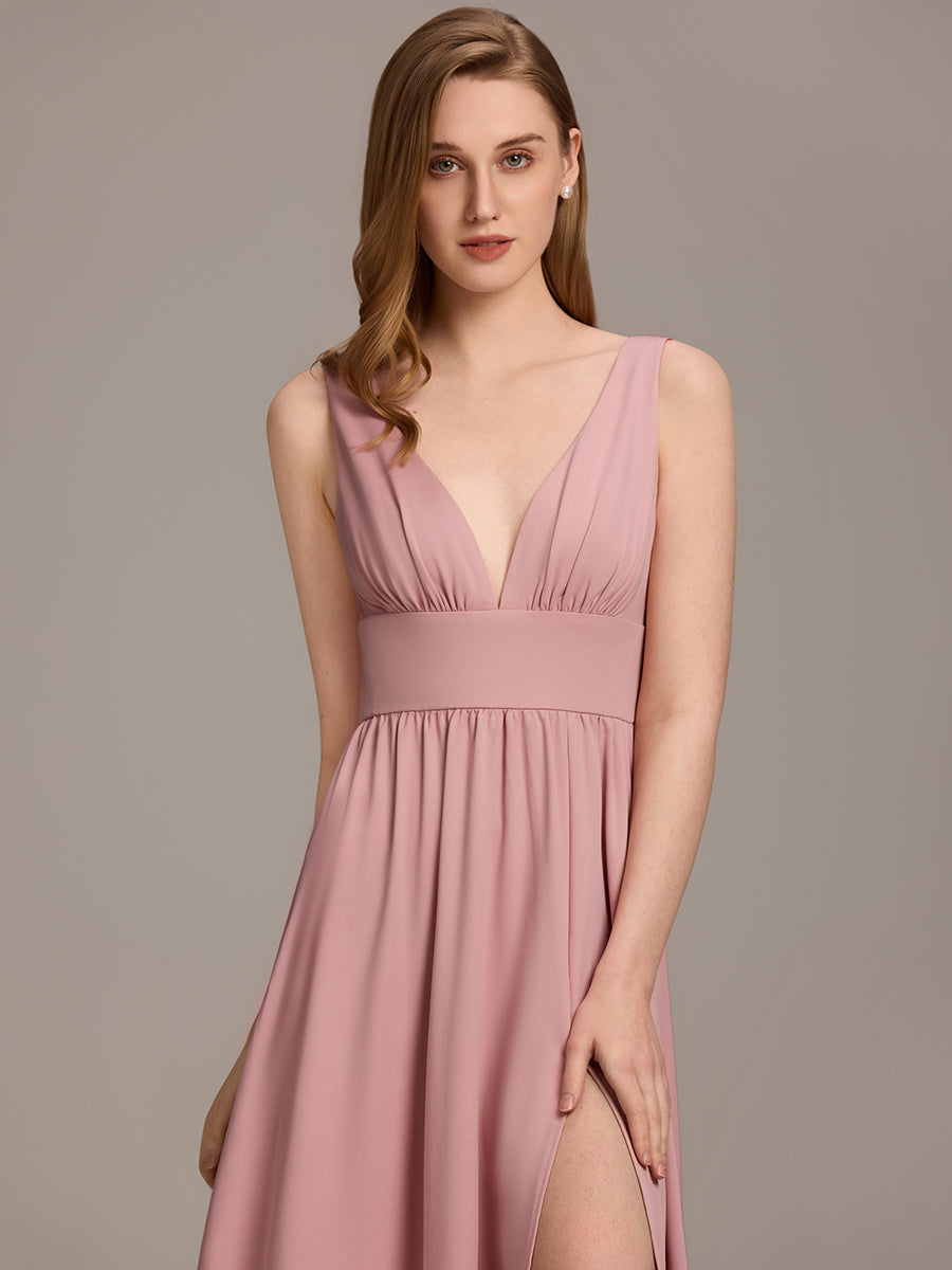 Robe de Bal Demoiselle d'Honneur longue au sol à taille empire et à encolure en V #Couleur_Rose fumee