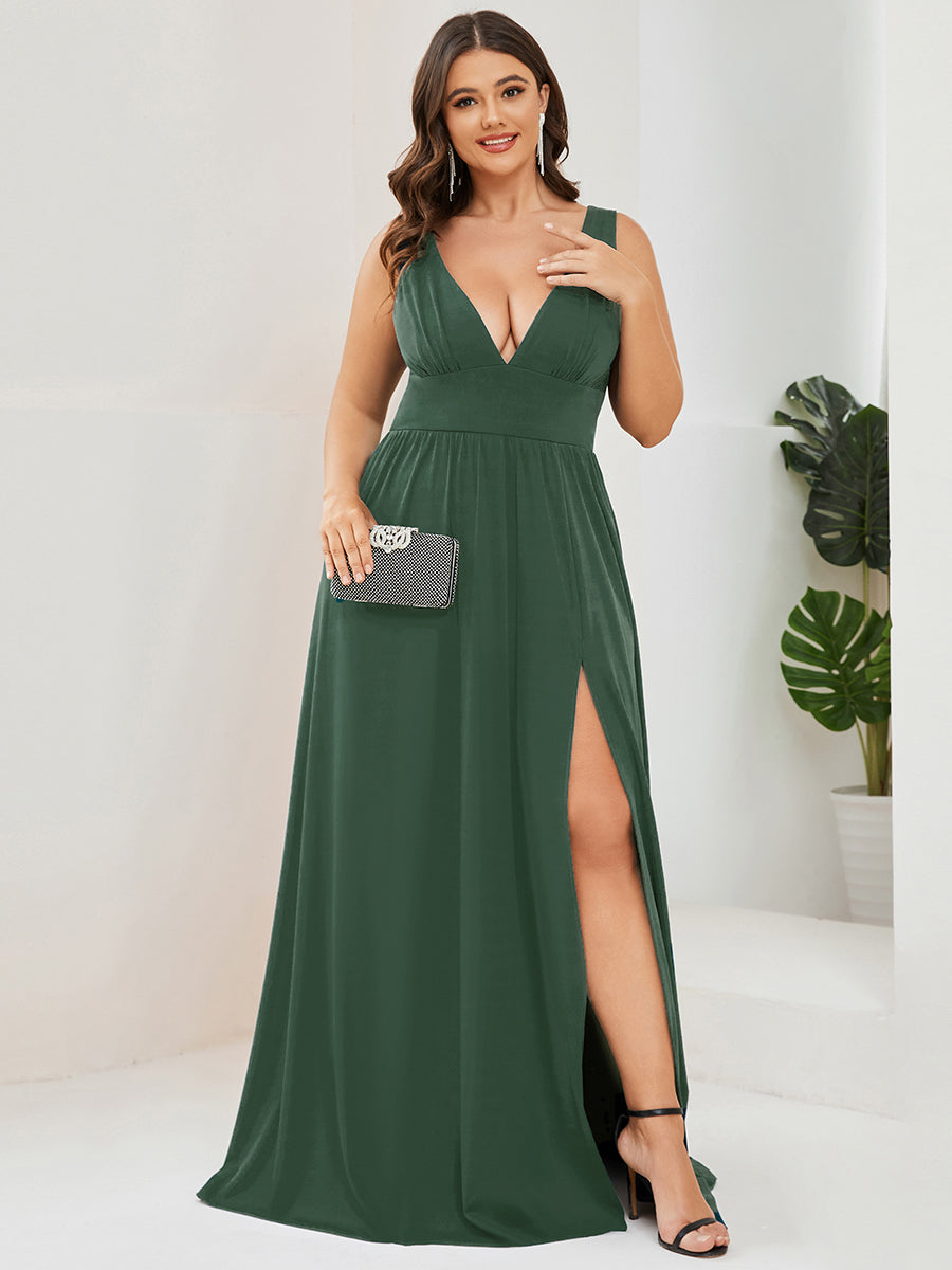 Robe de soir??e longue au sol ?? taille empire et ?? encolure en V #Couleur_Eukalyptus Grün