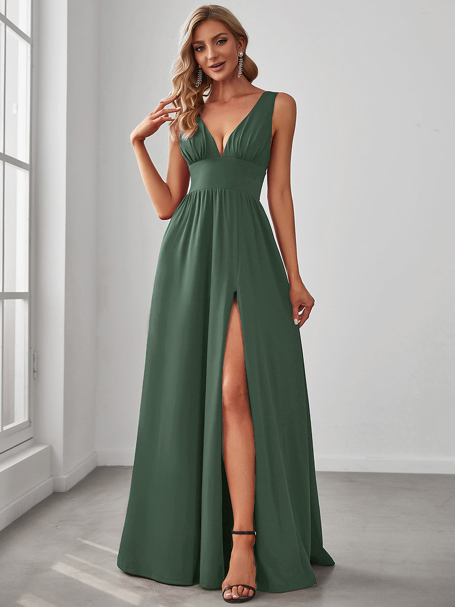 Robe de soir??e longue au sol ?? taille empire et ?? encolure en V #Couleur_Eukalyptus Grün