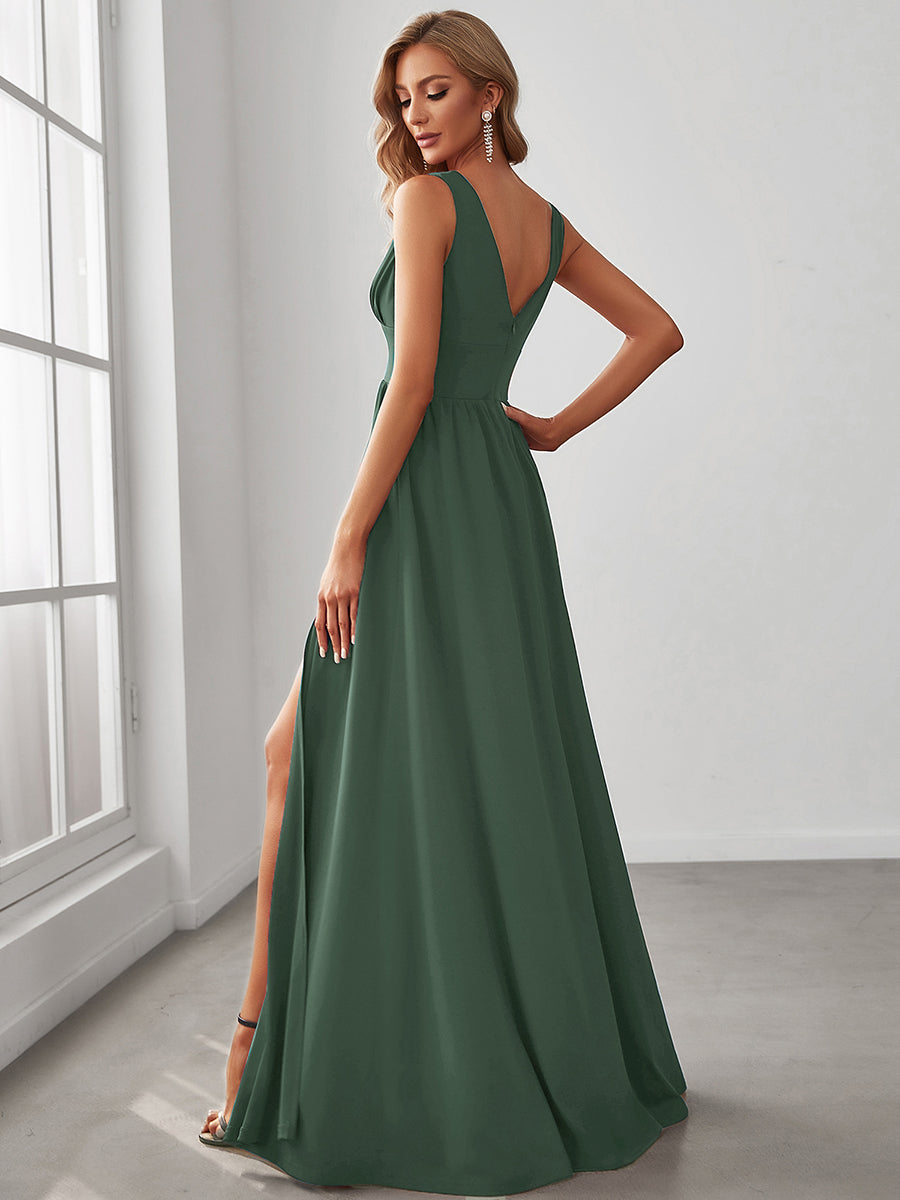 Robe de soir??e longue au sol ?? taille empire et ?? encolure en V #Couleur_Eukalyptus Grün