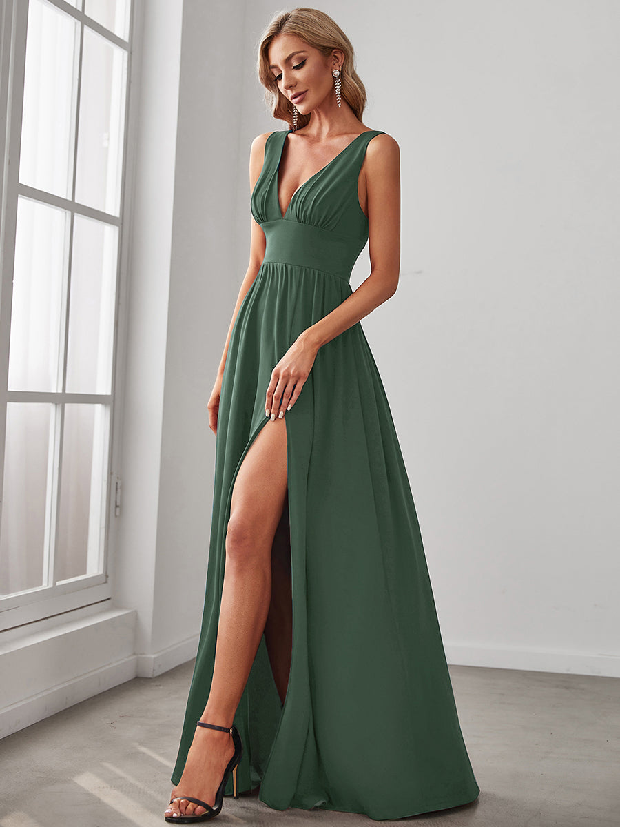 Robe de soir??e longue au sol ?? taille empire et ?? encolure en V #Couleur_Eukalyptus Grün