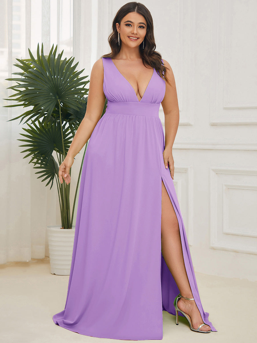 Robe de Bal Grande Taille Sans Manches Col en V Taille Empire Fendue au Sol #Couleur_Lavande