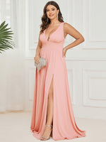 Robe de soir??e longue au sol ?? taille empire et ?? encolure en V #Couleur_Rose