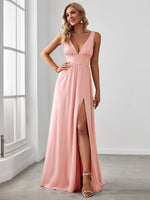Robe de soir??e longue au sol ?? taille empire et ?? encolure en V #Couleur_Rose