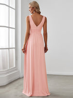 Robe de soir??e longue au sol ?? taille empire et ?? encolure en V #Couleur_Rose