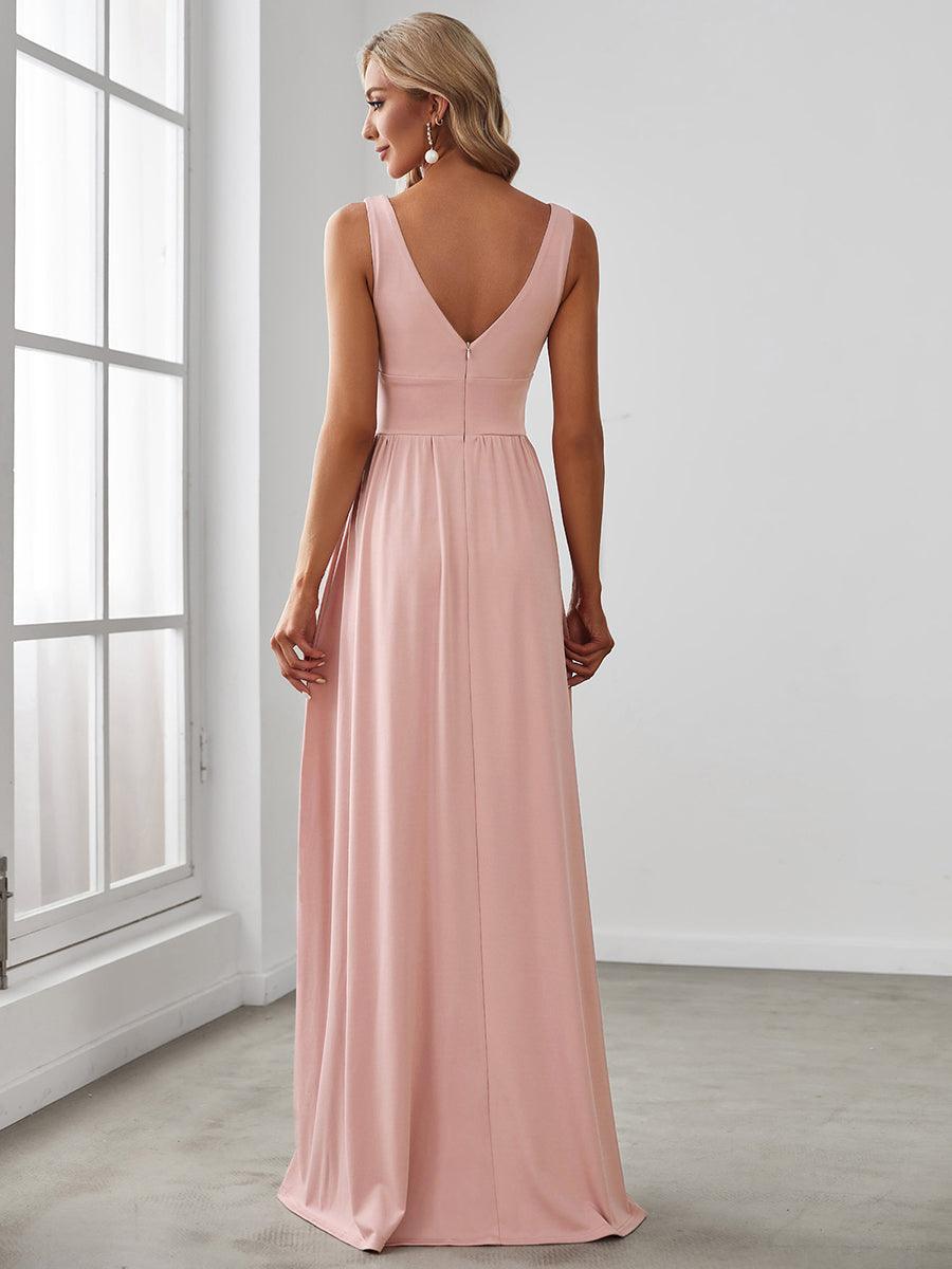 Robe de Bal Demoiselle d'Honneur longue au sol à taille empire et à encolure en V #Couleur_Rose