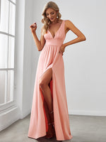 Robe de soir??e longue au sol ?? taille empire et ?? encolure en V #Couleur_Rose