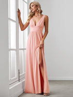 Robe de soir??e longue au sol ?? taille empire et ?? encolure en V #Couleur_Rose