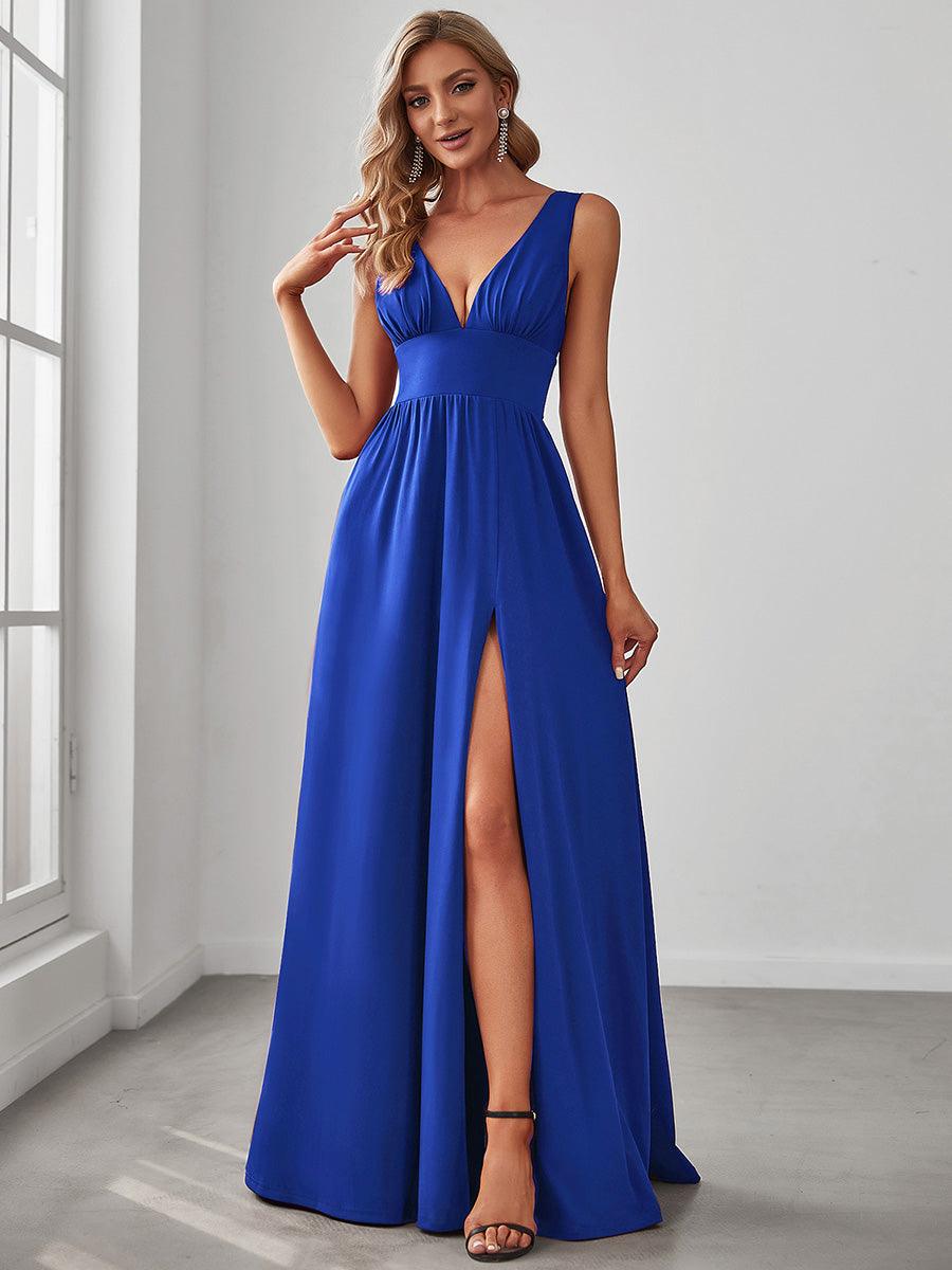 Robe de soirée longue au sol à taille empire et à encolure en V #Couleur_Bleu Saphir