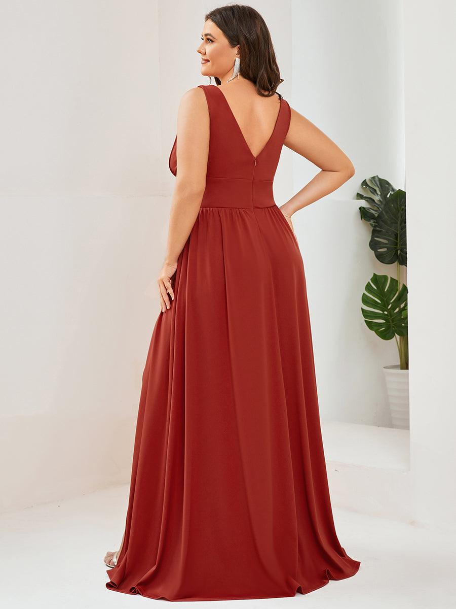 Robe de Bal Grande Taille Sans Manches Col en V Taille Empire Fendue au Sol