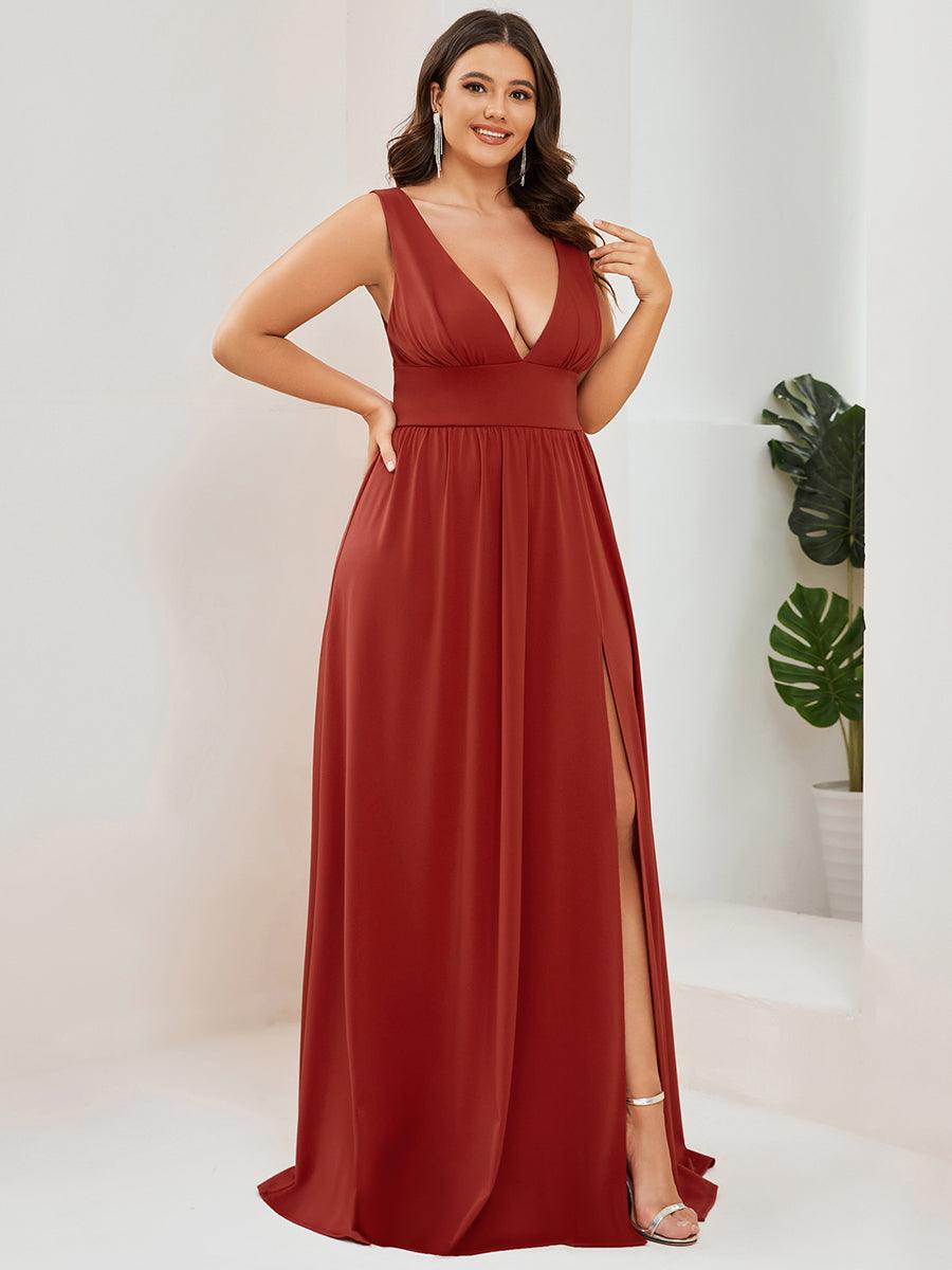 Robe de Bal Grande Taille Sans Manches Col en V Taille Empire Fendue au Sol