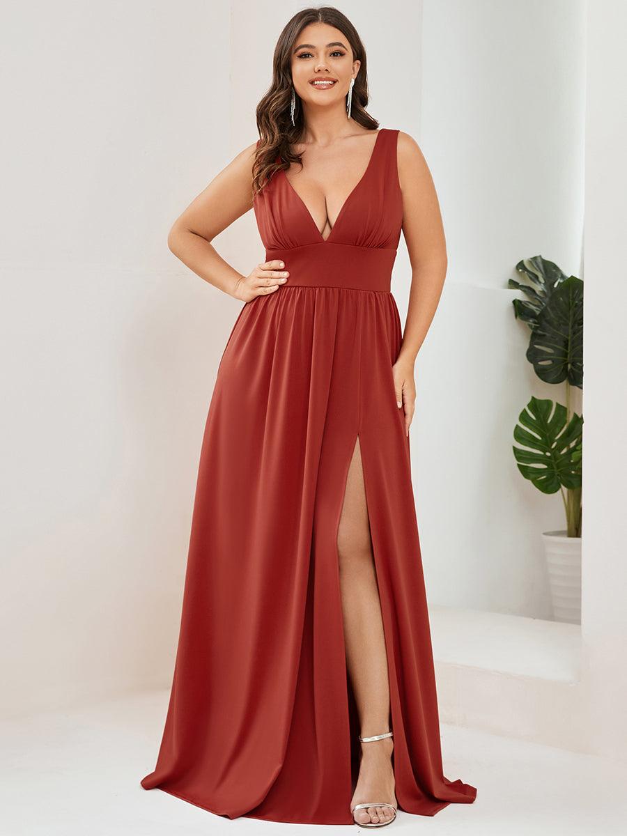 Robe de Bal Grande Taille Sans Manches Col en V Taille Empire Fendue au Sol