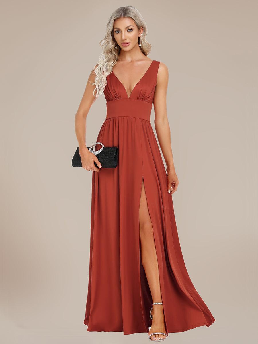 Robe de Bal Demoiselle d'Honneur longue au sol à taille empire et à encolure en V #Couleur_Vermillon