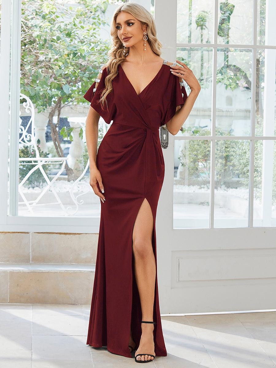 Robe de soirée Col en V Manches longues Plissées et Fendues #Couleur_Bordeaux