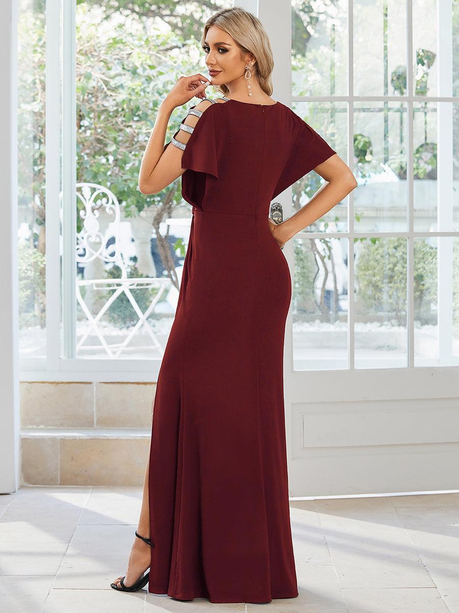 Robe de soirée Col en V Manches longues Plissées et Fendues #Couleur_Bordeaux