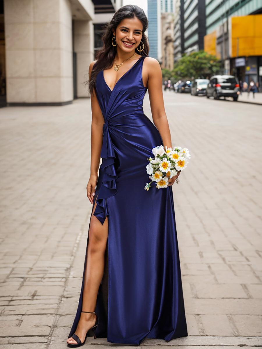Robe de soirée en satin plissée à col en V et à fente haute pour bal(Vente finale)