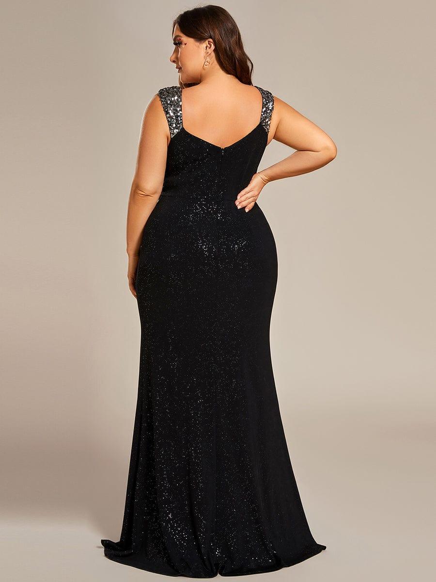 Robe de soirée élégante à col en V à sequins de grande taille #Couleur_Noir