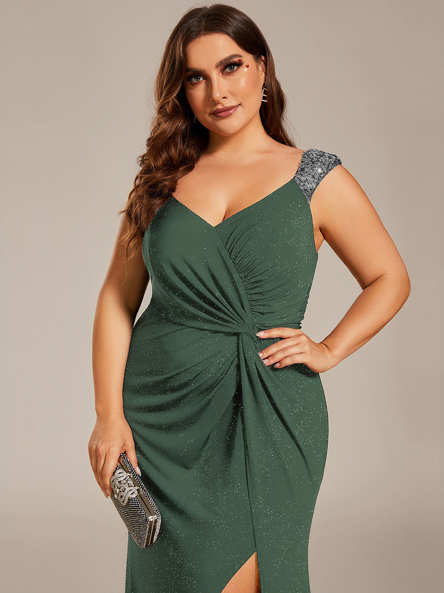 Robe de soirée élégante à paillettes et col en V#Couleur_Eucalyptus