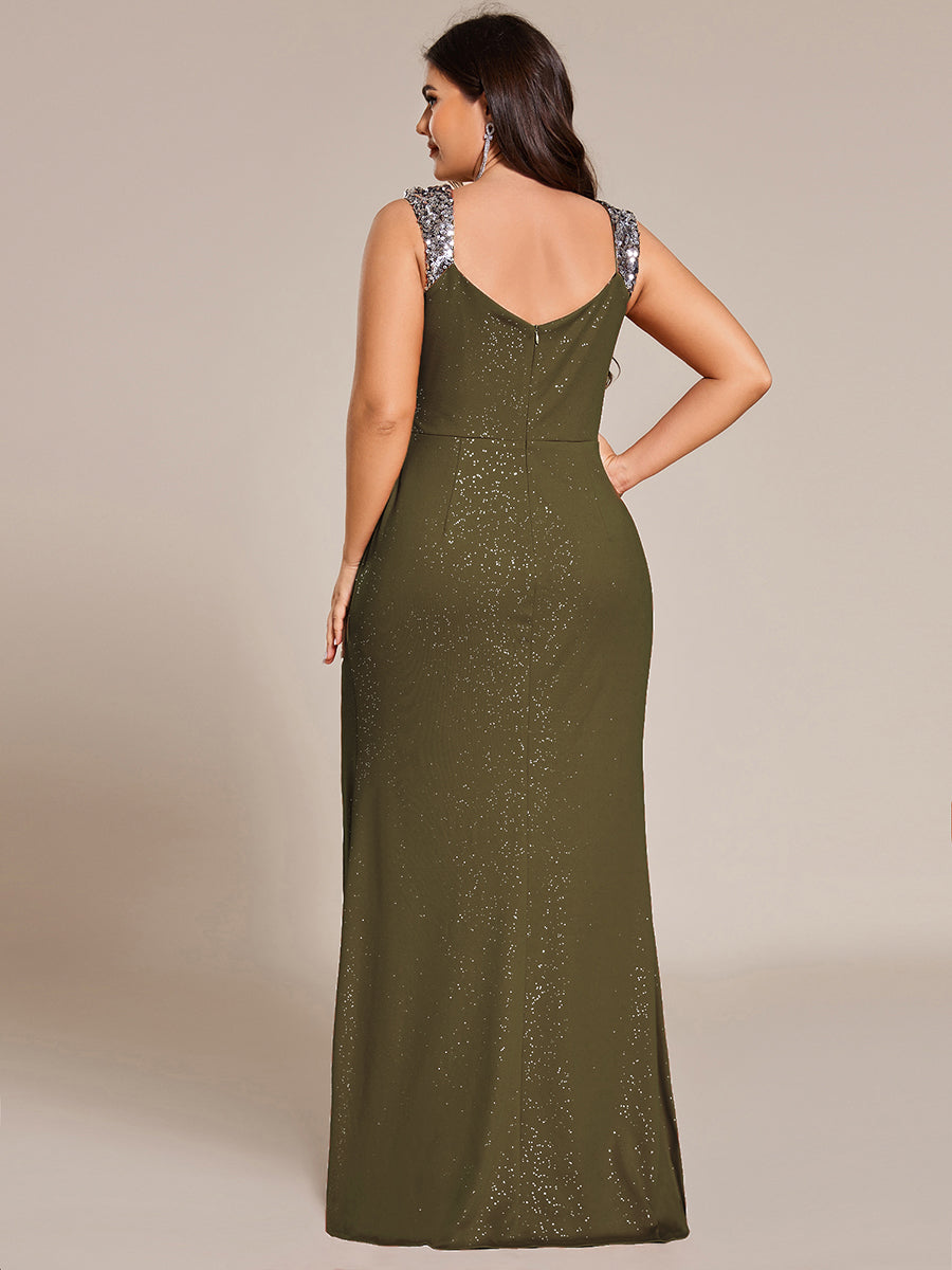 Robe de soirée élégante à paillettes et col en V #Couleur_Vert Olive