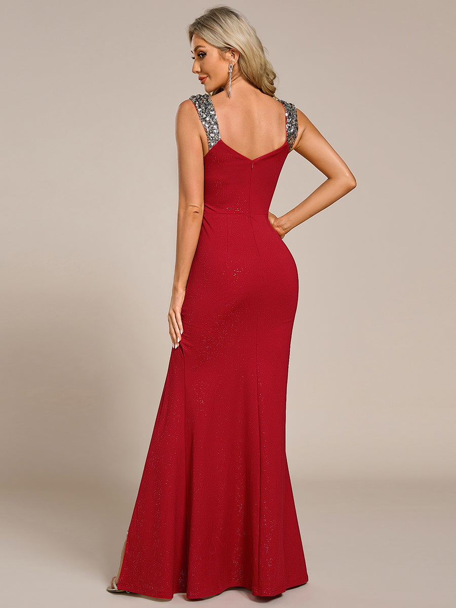 Robe de soirée élégante à paillettes et col en V#Couleur_Rouge