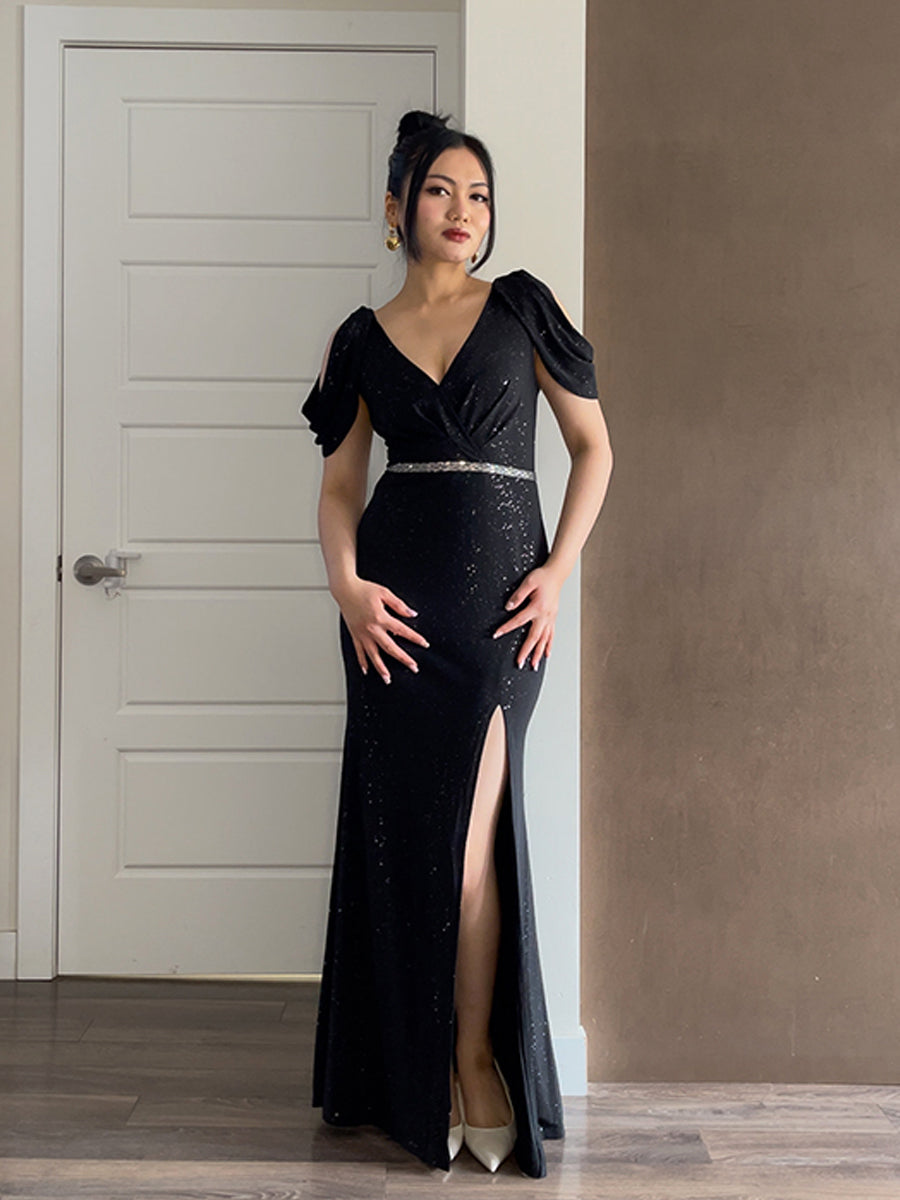 Robe de soirée scintillante curvy ceinture brillante épaules