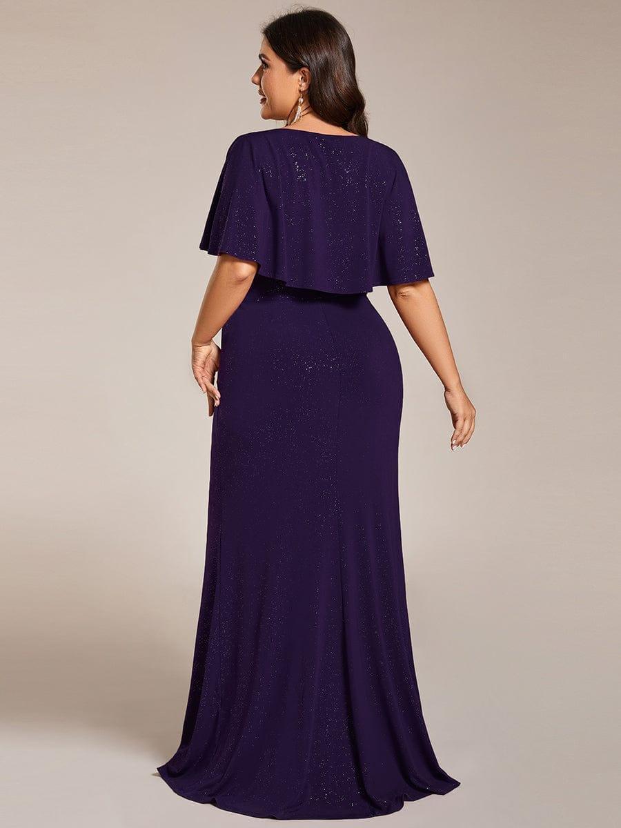 Robe de soirée moulante à col en V et manches chauve-souris plissées scintillantes #Couleur_Violet Fonce