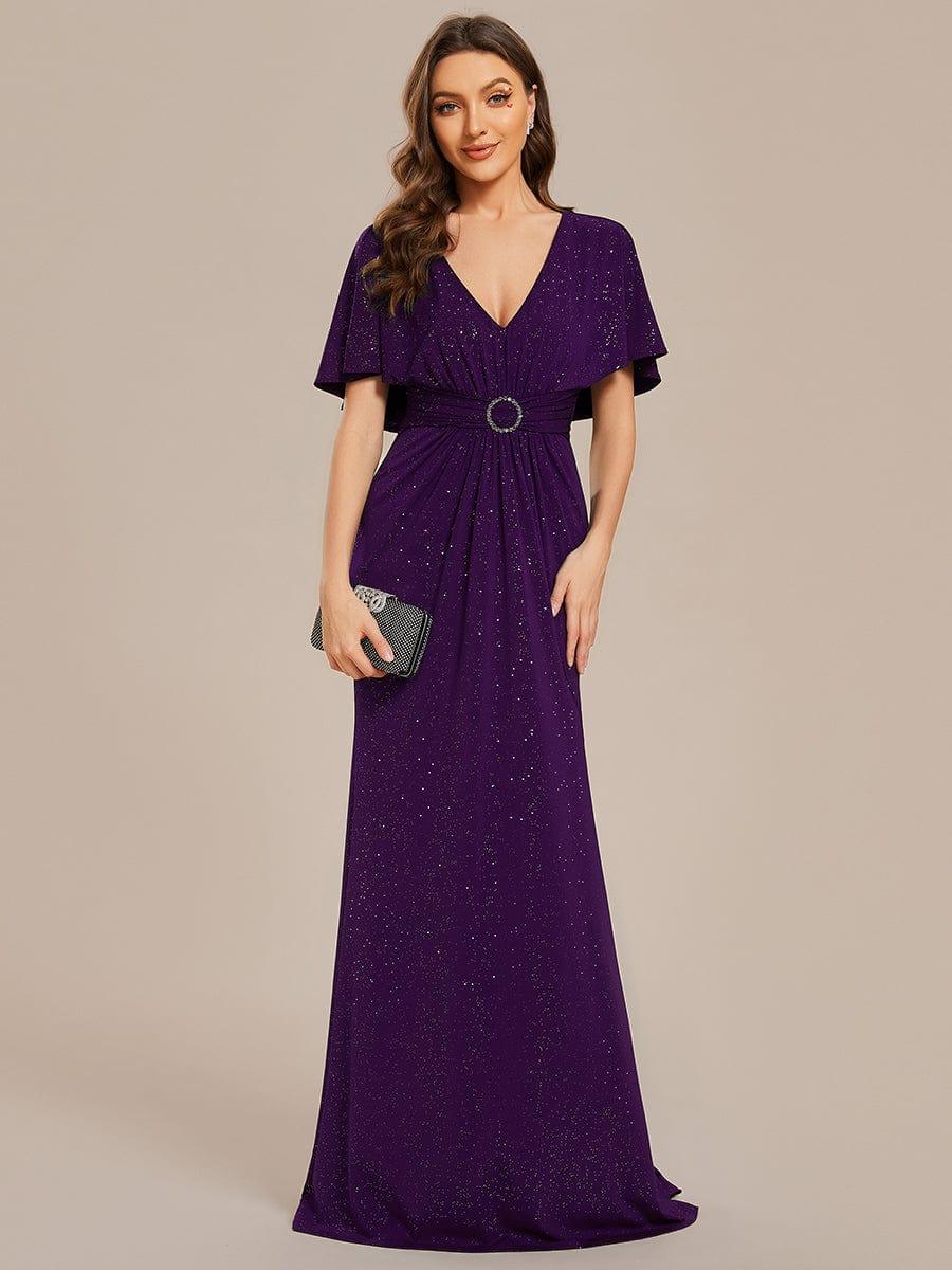 Robe de soirée moulante à col en V et manches chauve-souris plissées scintillantes #Couleur_ #Couleur_Violet Fonce