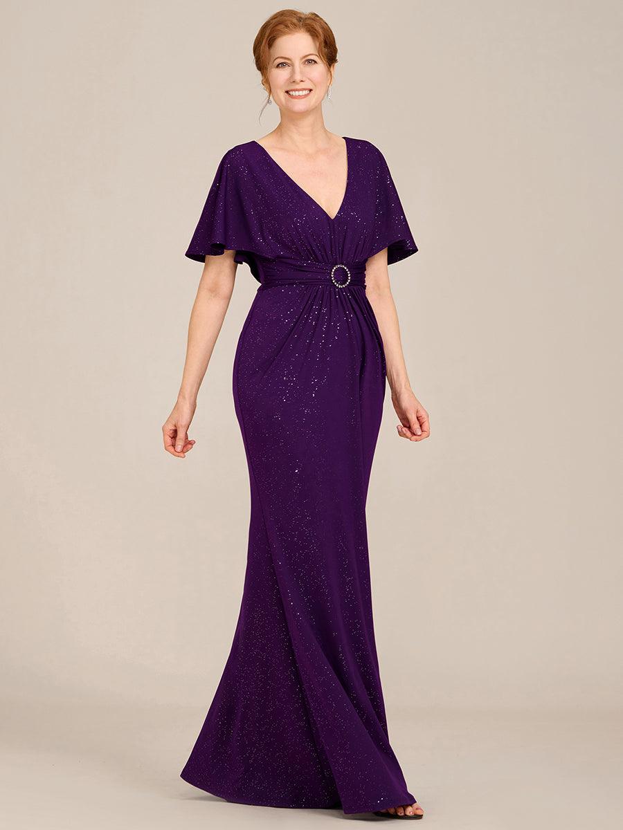 Robe de soirée moulante à col en V et manches chauve-souris plissées scintillantes #Couleur_Violet Fonce