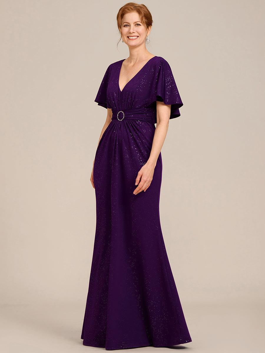Robe de soirée moulante à col en V et manches chauve-souris plissées scintillantes #Couleur_Violet Fonce