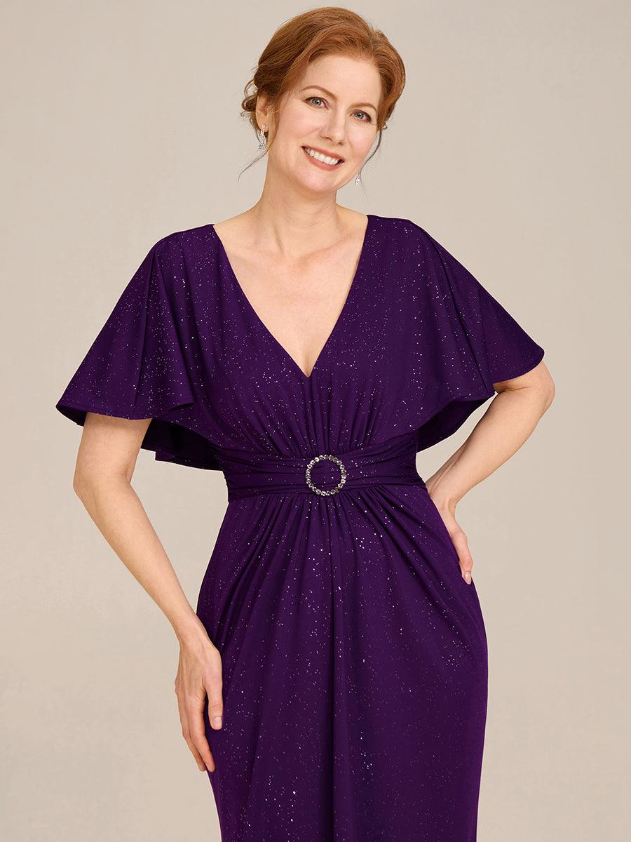 Robe de soirée moulante à col en V et manches chauve-souris plissées scintillantes #Couleur_Violet Fonce