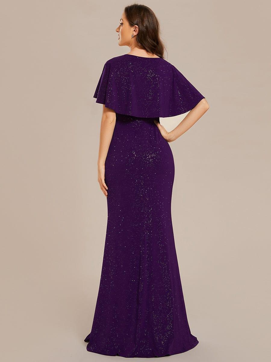 Robe de soirée moulante à col en V et manches chauve-souris plissées scintillantes #Couleur_ #Couleur_Violet Fonce